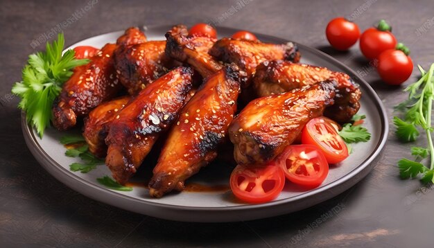 Des ailes de poulet au four dans le style asiatique et de la sauce tomate sur assiette