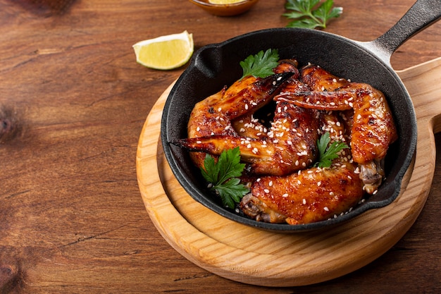 ailes de poulet au four avec graines de sésame, persil et citron vert sur une poêle noire et fond en bois