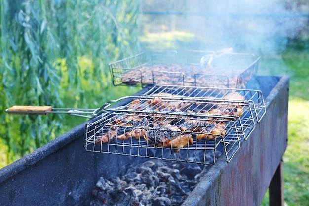 Ailes de poulet barbecue et poitrine de poulet dans une grille de panier de gril rôtir et cuire au feu et à la fumée dans un brasero de barbecue Photo horizontale