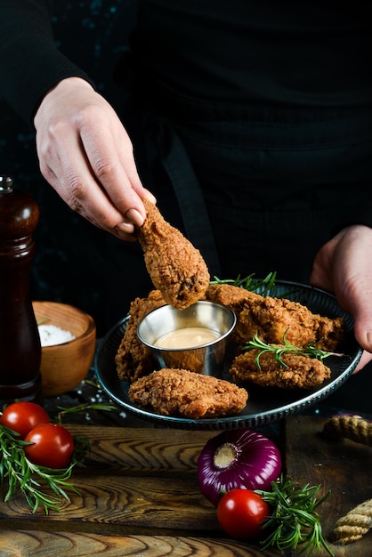 Ailes de poulet Buffalo cuites au four sur une assiette entre les mains d'un chef sur fond noir