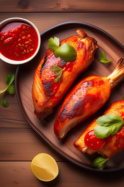 Des ailes de poulet épicées grillées avec du ketchup sur une table en bois.