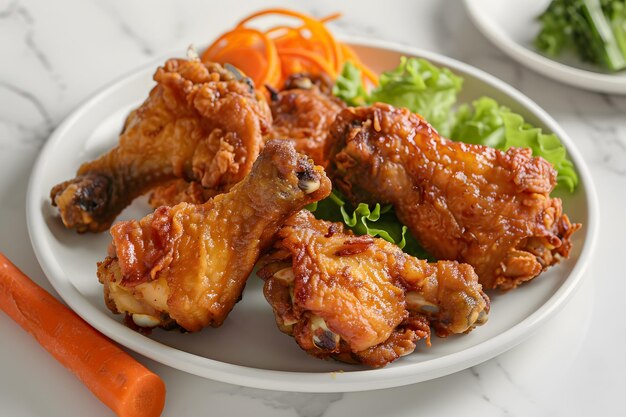 Ailes de poulet frites sur une planche de bois avec des carottes de laitue et du ketchup