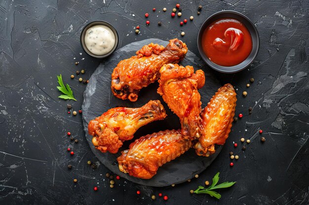 Ailes de poulet frites avec sauce sur fond sombre Vue supérieure à plat