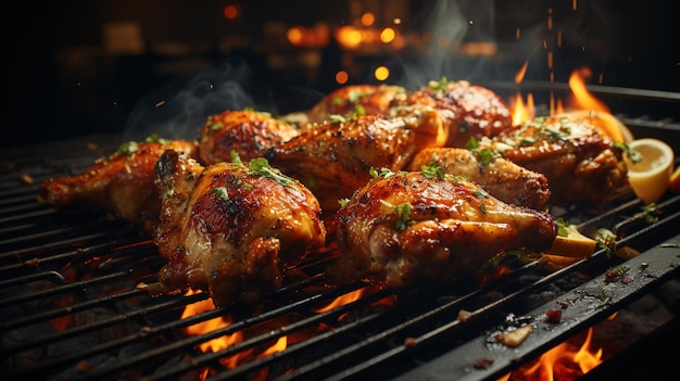 Ailes de poulet grillées sur un barbecue avec des flammes et de la fumée