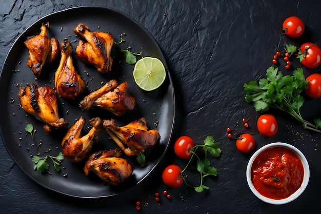 ailes de poulet grillées ou barbecue rôti avec des épices et de la sauce à la tomate sur une assiette noire