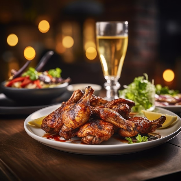 Ailes de poulet grillées et une boisson restaurant flou en arrière-plan