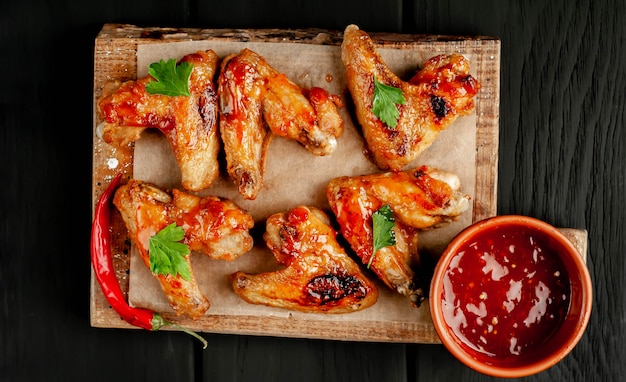 Ailes de poulet grillées dans une sauce barbecue au persil sur une planche à découper sur fond de bois