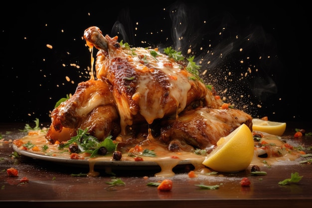 Des ailes de poulet grillées délicieuses et croustillantes, du poulet frit Tandoori, un gros plan sur le délicieux repas de poulet généré par Ai.