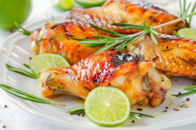 Ailes de poulet grillées avec du romarin et du citron vert sur une assiette blanche