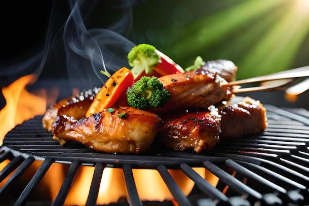 Ailes de poulet grillées sur le gril flamboyant avec légumes grillés à la sauce barbecue au poivre