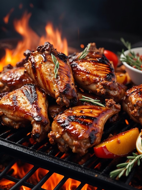 Ailes de poulet grillées sur le grill flamboyant avec légumes grillés au barbecue
