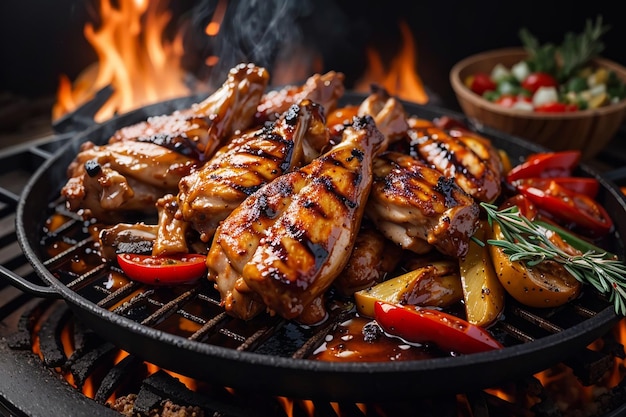 ailes de poulet grillées avec légumes grillés dans une sauce barbecue avec shashli de viande de poulet grillé