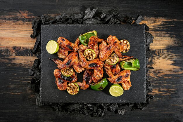 Ailes de poulet grillées et légumes sur un plat en pierre