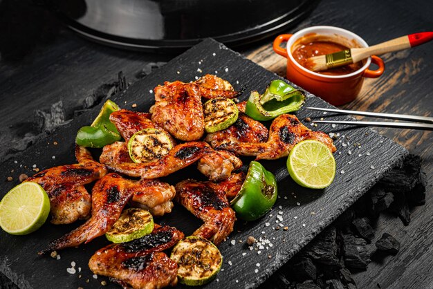 Ailes de poulet grillées et légumes sur un plat en pierre