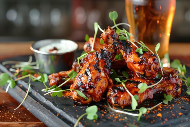 Photo ailes de poulet grillées avec des microgreens sriracha et de la bière fraîche