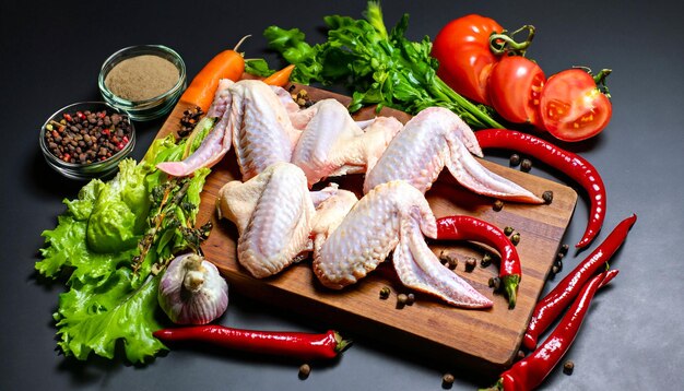 Photo ailes de poulet non cuites affichées sur une planche de bois avec des légumes et des épices sur un fond noir
