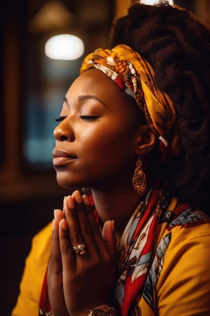 aimer la prière et la femme noire dans l'église pour la paix, la confiance et le créateur avec une connexion spirituelle créée avec une IA générative