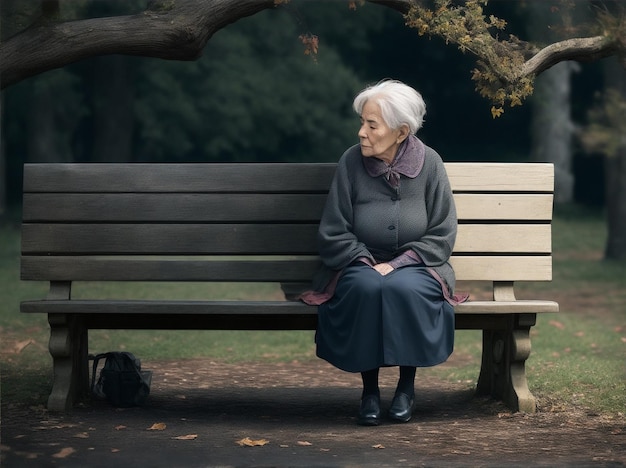 Aîné assis sur un banc grand-mère grands-parents personnes âgées dans un décor dramatique par Generative AI