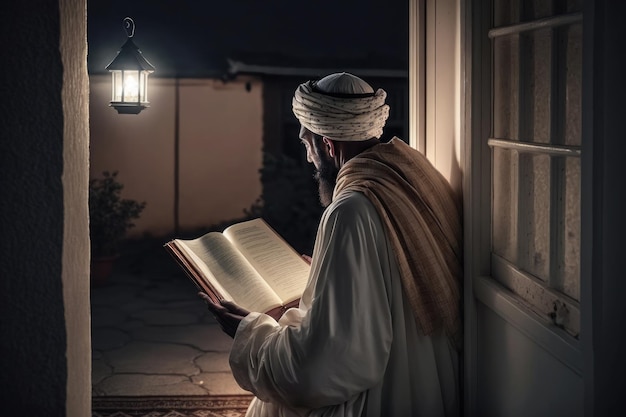 Aîné musulman assis dans le masjid lisant le coran avant l'heure de la prière à la lumière sombre tamisée générée par l'IA
