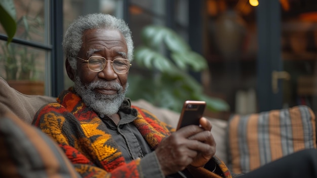 Photo un aîné noir utilise un smartphone pour envoyer des textes et des réseaux en ligne, parcourant les nouvelles dans les applications de médias sociaux tout en étant assis sur le canapé à la maison.