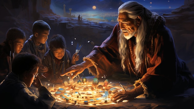 Un aîné de la tribu donne de la sagesse à un groupe de jeunes attentifs à côté d'une affichage holographique de la Terre