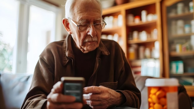 Photo un aîné utilise une application numérique de gestion des médicaments pour promouvoir l'observance prudente du traitement