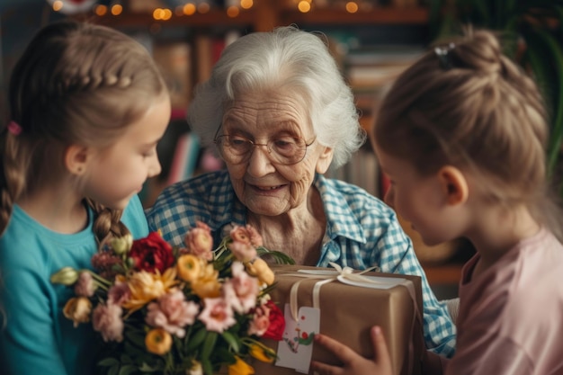 Une aînée heureuse reçoit des cadeaux de ses petits-enfants. Les enfants font une surprise d'anniversaire à leur grand-mère. Les petits enfants donnent à leur grande-mère une carte-cadeau et un bouquet de fleurs.