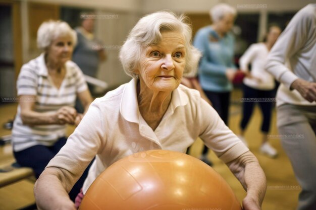 Une aînée participe à un cours d'exercice avec une balle de stabilité