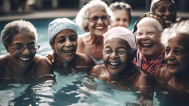 Aînés noirs riant et regardant la caméra dans la piscine ai générative