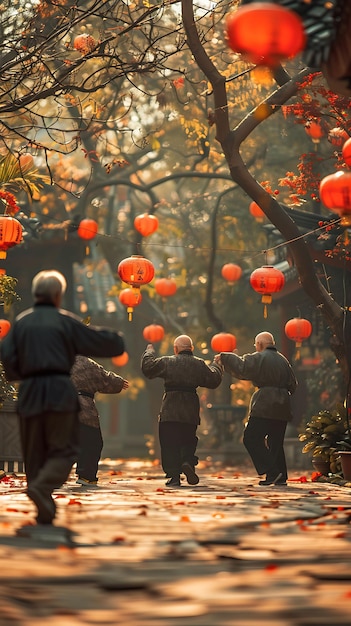 Photo les aînés pratiquent le tai chi dans une cour traditionnelle chinoise