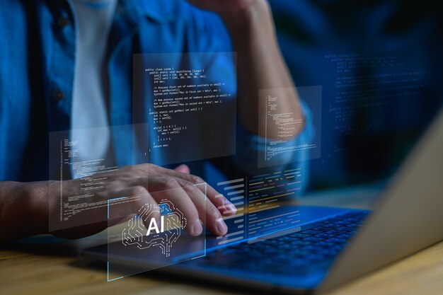 AIpowered web development and programming A software developer coding with artificial intelligence support ideal for content about machine learning AIassisted coding nextgen tech solutions