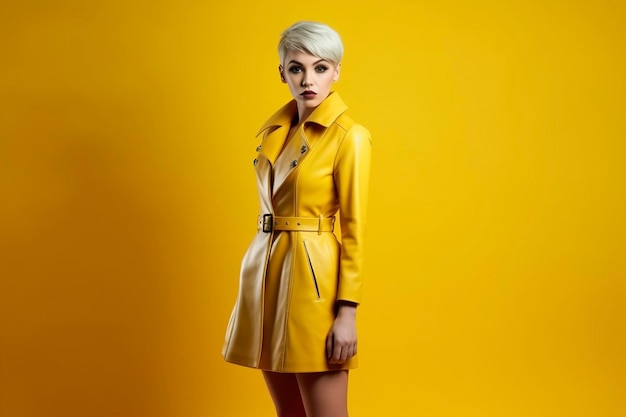 Avec un air d'élégance et de sophistication, la femme au trench-coat jaune attire gracieusement l'attention dans le studio généré par Ai