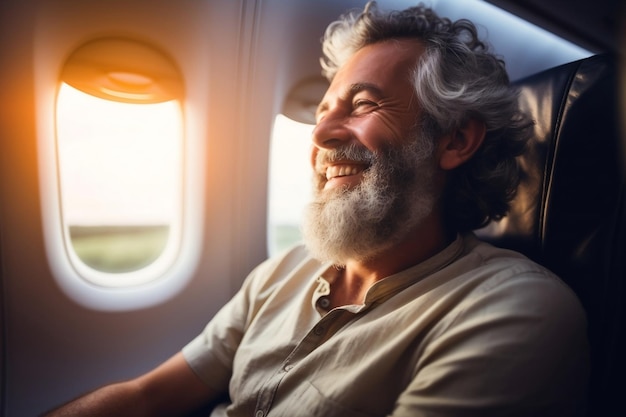 Air Travel Delight Portrait of a Happy Mature Man in Airplane Transit Generative Ai