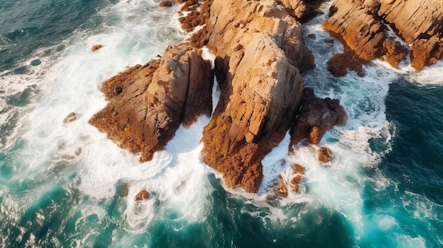 Airborne voir Colossal boulder pièces internes pièces pièces pièces l'océan Des vagues blanches et mousseuses lavent la pierre de tous les côtés Sheersetting coast AI Generated