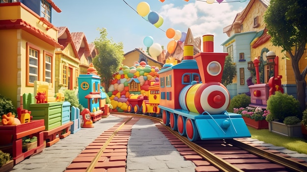 Une aire de jeux à thème de train fantaisiste avec des voitures colorées et des enfants ravis