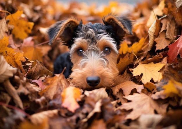Un Airedale Terrier, jetant un coup d'oeil derrière un tas coloré de feuilles mortes