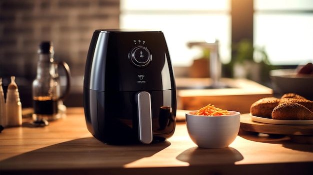 Airfryer sur la table de la cuisine Airfryer avec de la nourriture Frites dans la friteuse Air