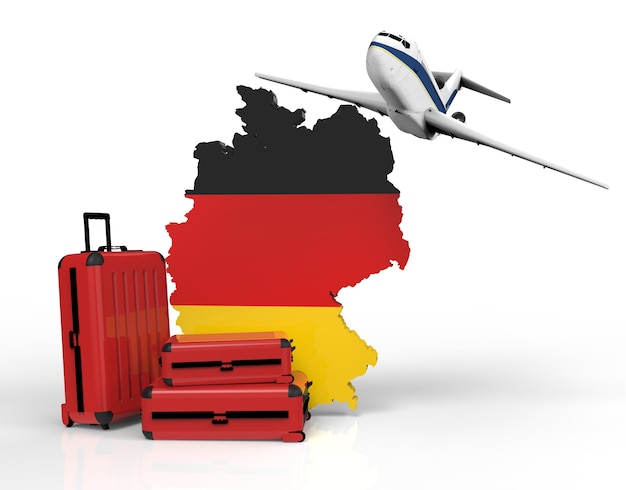 Photo airplaine et valises autour de la carte de l'allemagne