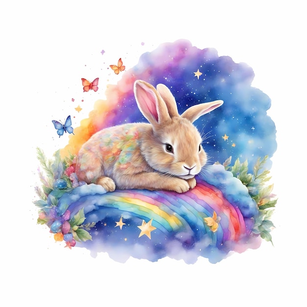 Les airs de lapin à l'aquarelle dans les nuages de Noël