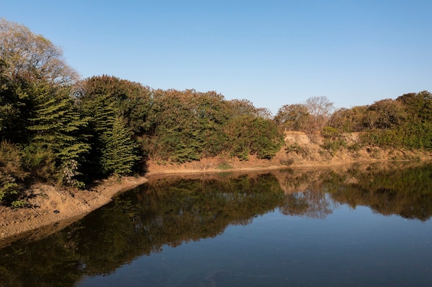 Ake avec des reflets du rivage et des arbres.