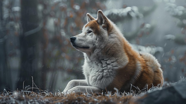 Un Akita majestueux assis dans un champ d'herbe