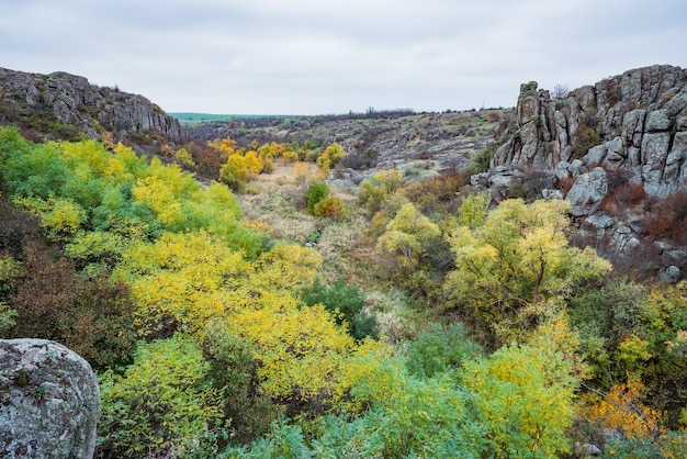 Aktovsky Canyon et arbres d'automne et gros rochers de pierre autour