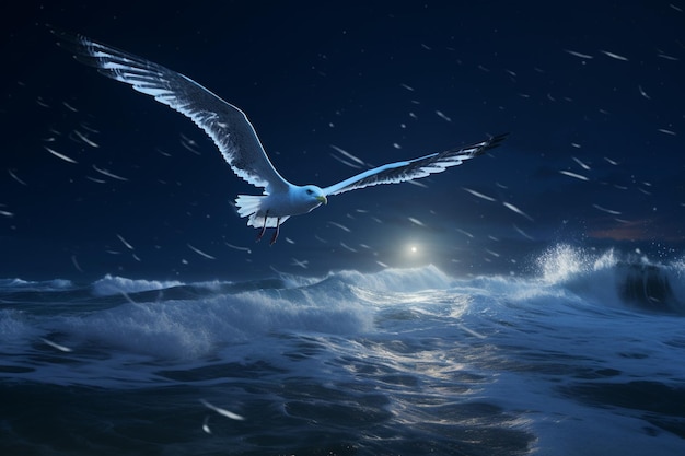 Photo un albatros lumineux s'élevant au-dessus des vagues de l'océan laissant une traînée de lumière dans son sillage