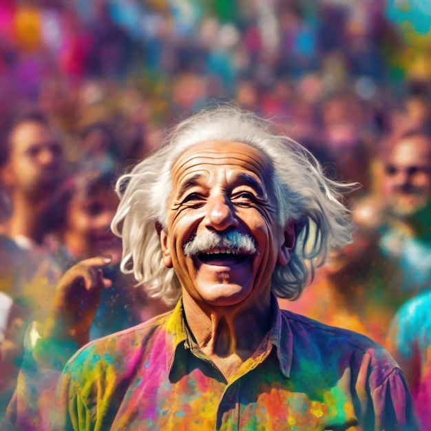 Photo albert einstein dans une foule de gens couleur éclaboussure festival de holi de couleurs riches