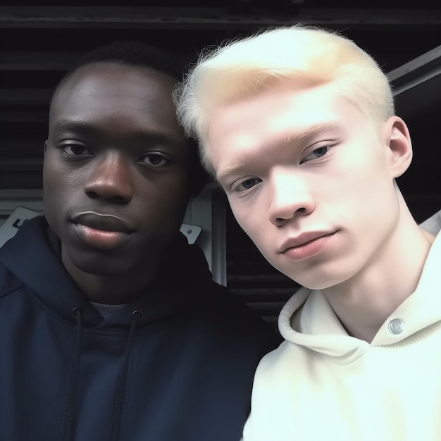 Albinos deux frères africains l'un à la peau noire l'autre un albinos à la peau blanche et aux cheveux blonds