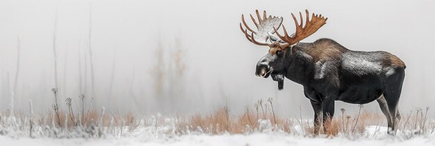 Alces mâles à cornes dans le champ avec de la neige en hiver en gros plan