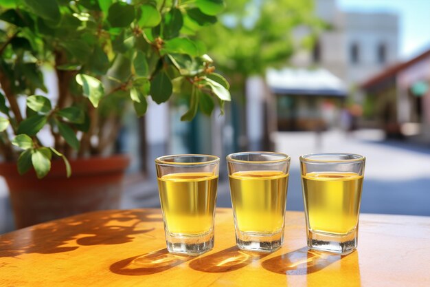 L'alcool au citron dans de petits verres sur la table du café de la rue à l'extérieur