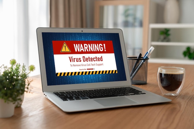 Photo alerte d'avertissement de virus sur l'écran de l'ordinateur détecté menace informatique moderne hacker virus informatique et logiciels malveillants