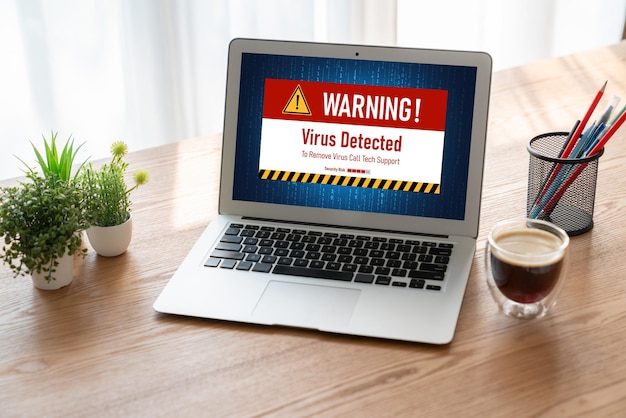 Photo alerte d'avertissement de virus sur l'écran de l'ordinateur détectée menace cybernétique moderne