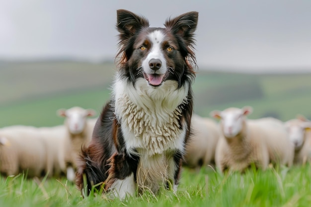 Alerte Border Collie Dog dans le champ vert avec le troupeau de moutons Canin de travail sur la ferme Chien de berger
